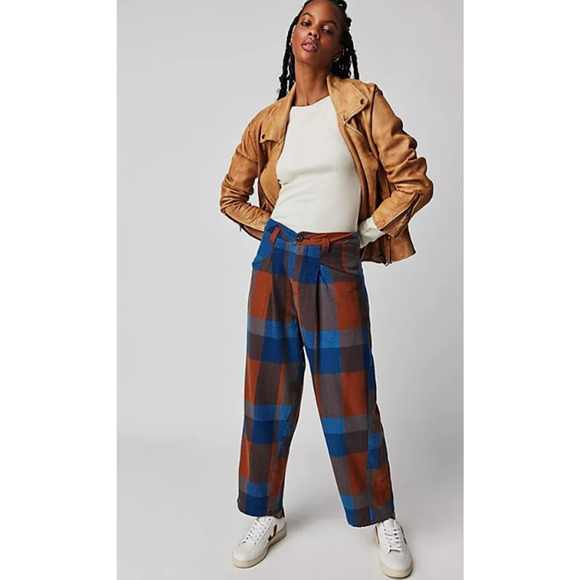 NEW Free People 2 Cass Slouch Trouser Pant Blue Brown Plaid Grunge Cowgirl - Picture 1 of 5
